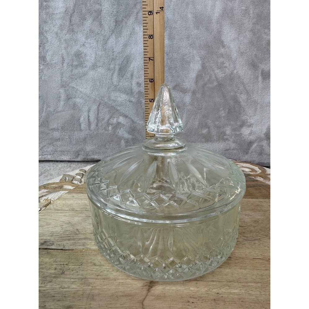 Vintage Clear Pressed Glass Trinket Dish Round Lidded Candy Jar Diamond Pattern